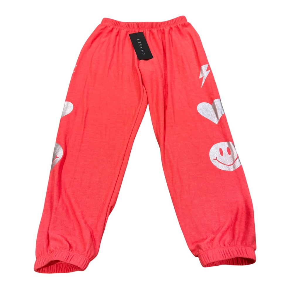 Chaser Kids Coral Pink Silver Graphic Joggers Sweatpants Heart Smiley Size 6 NWT
